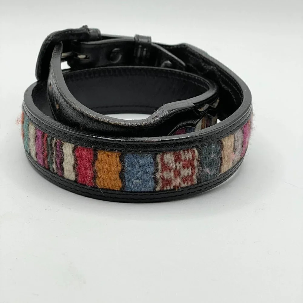 Vintage Indian Blanket Inset Black Leather Removable Buckle Waist Belt 25
